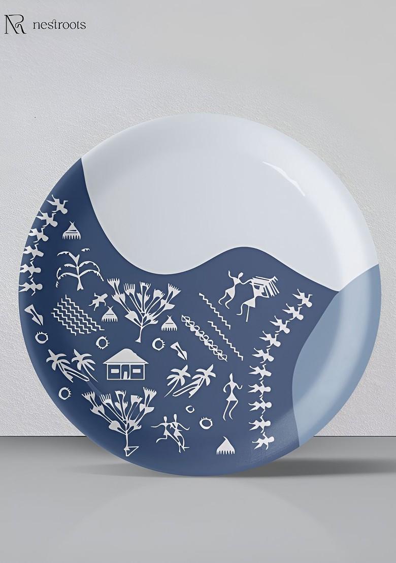 White And Blue Warli Printed Ceramic Wall Plate