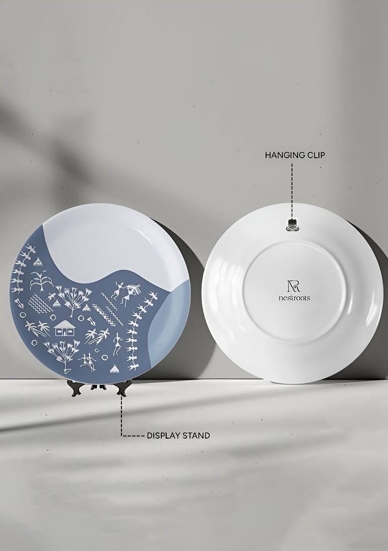 White And Blue Warli Printed Ceramic Wall Plate