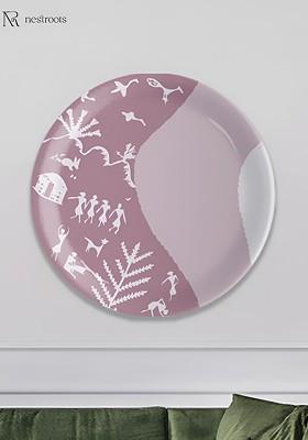 Mauve And White Warli Printed Ceramic Wall Decor