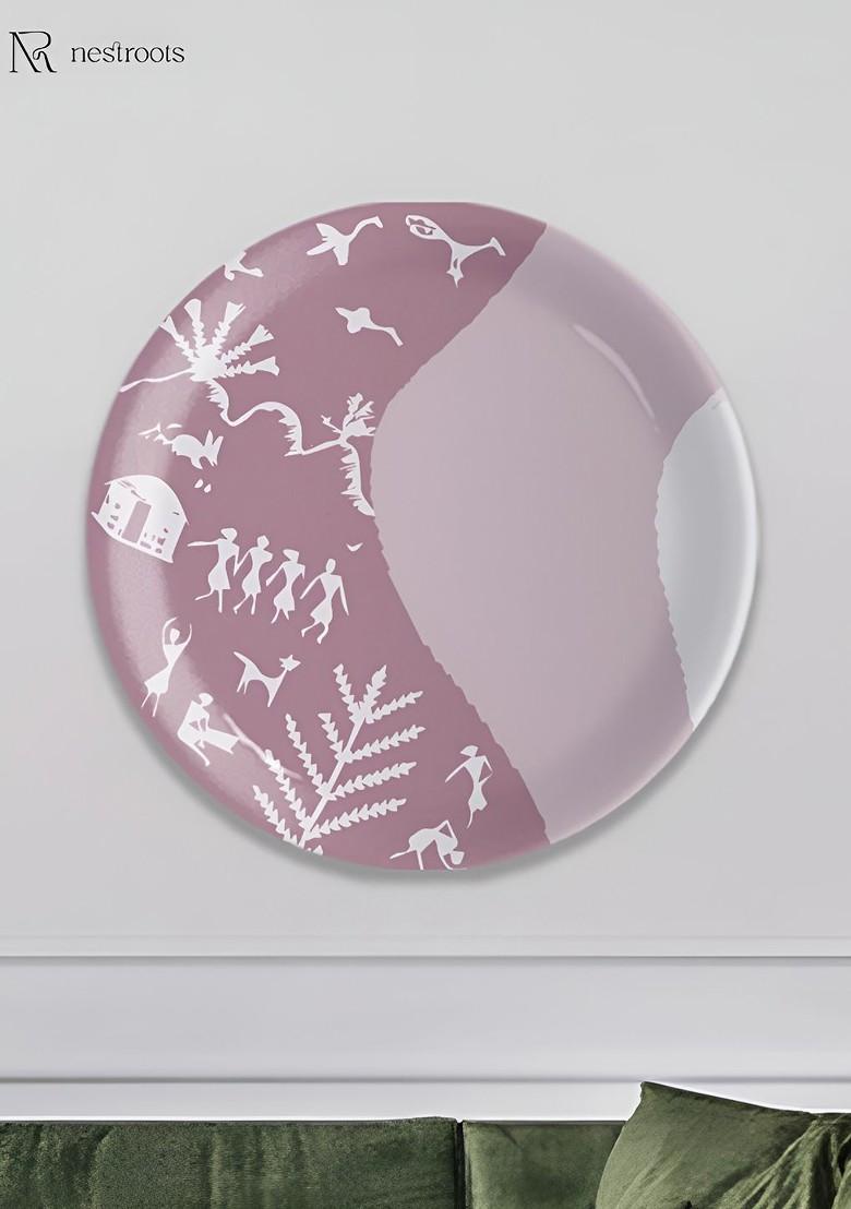 Mauve And White Warli Printed Ceramic Wall Decor