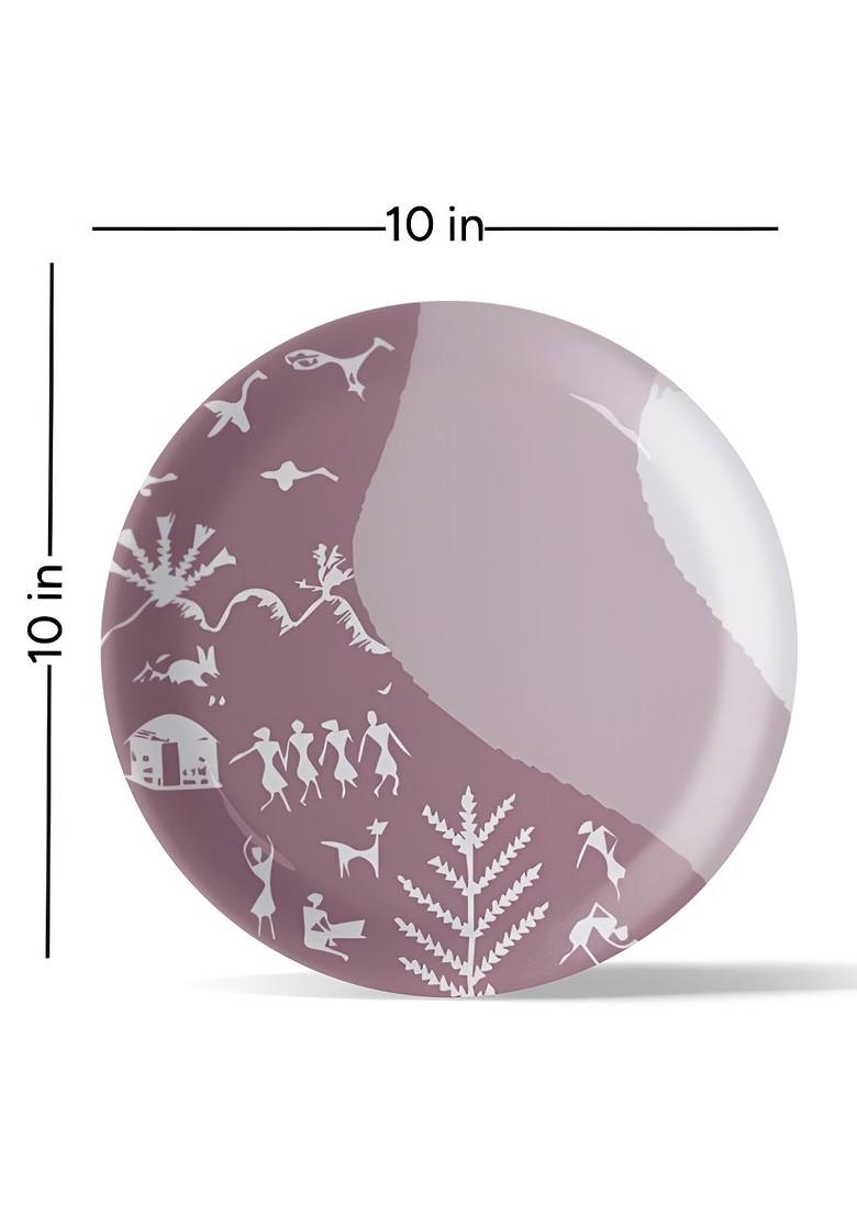 Mauve And White Warli Printed Ceramic Wall Decor