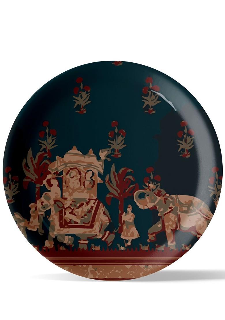 Navy Blue And Red Rajasthani Traditional Printed Ceramic Wall Plate