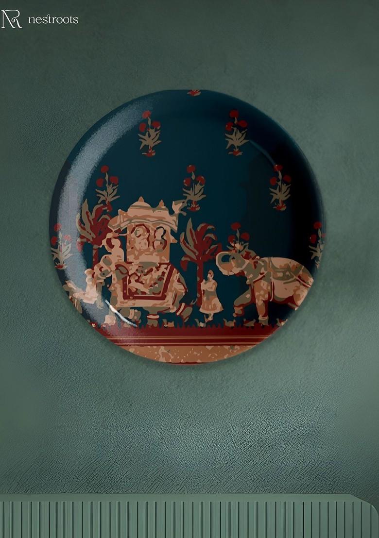 Navy Blue And Red Rajasthani Traditional Printed Ceramic Wall Plate