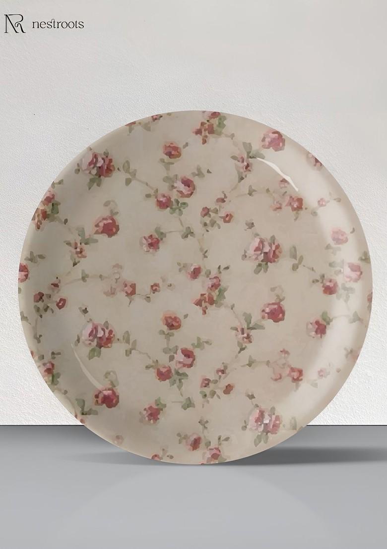 White And Pink Floral Printed Ceramic Wall Plate