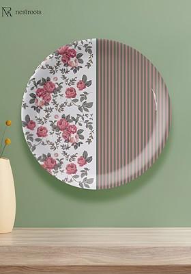 White And Pink English Floral Printed Ceramic Wall Plate