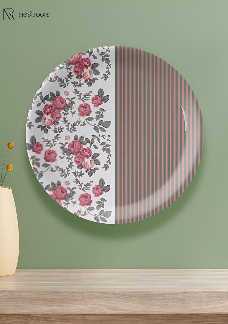 White And Pink English Floral Printed Ceramic Wall Plate