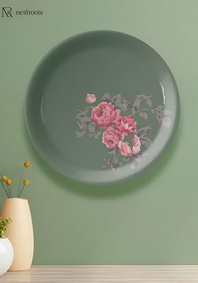 Green And Pink Floral Printed Ceramic Round Wall Plate
