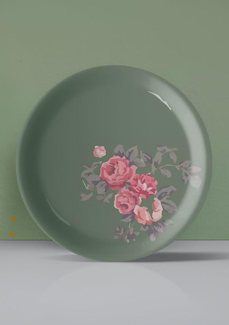 Green And Pink Floral Printed Ceramic Round Wall Plate