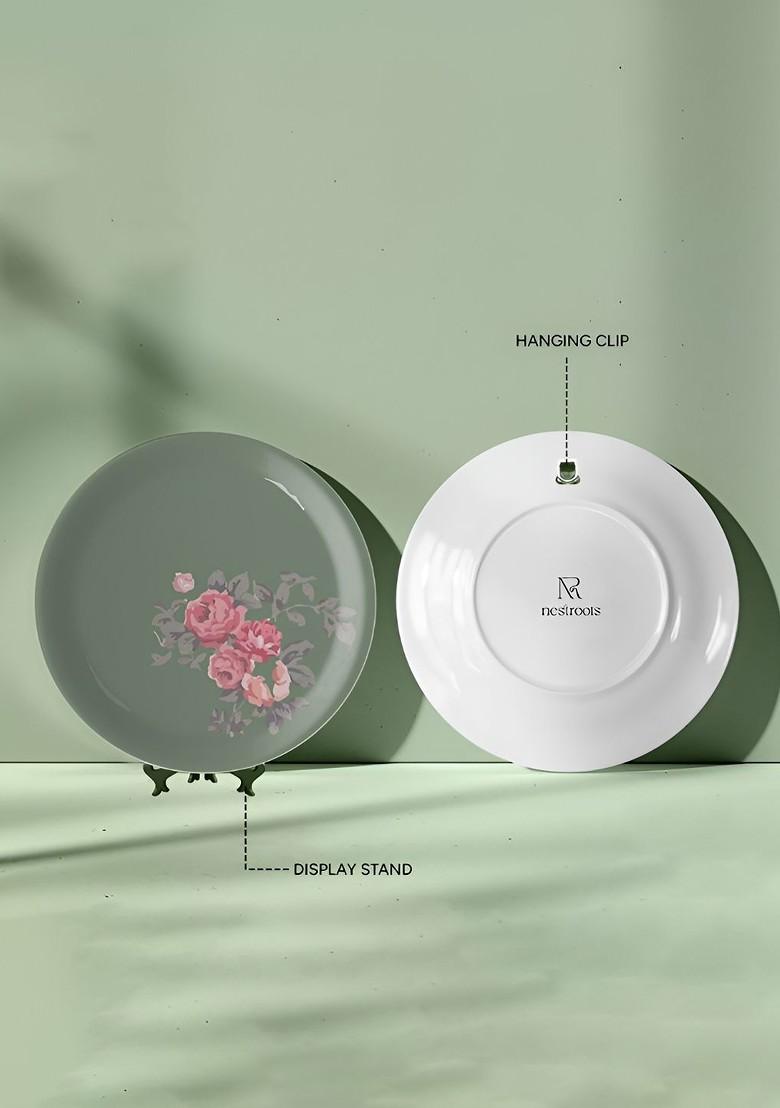 Green And Pink Floral Printed Ceramic Round Wall Plate