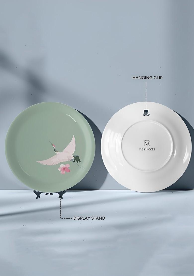 Green And White Victorian Fauna Printed Ceramic Wall Plate