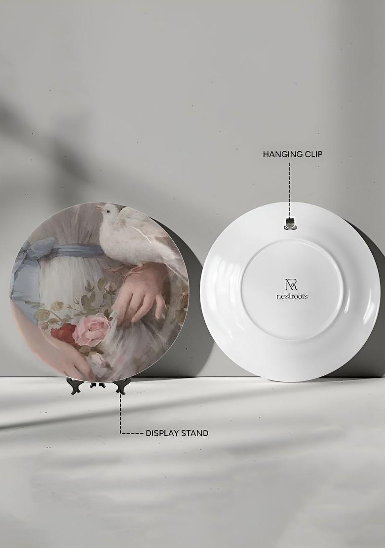 Grey And White Vintage Pigeon Printed Ceramic Wall Plate