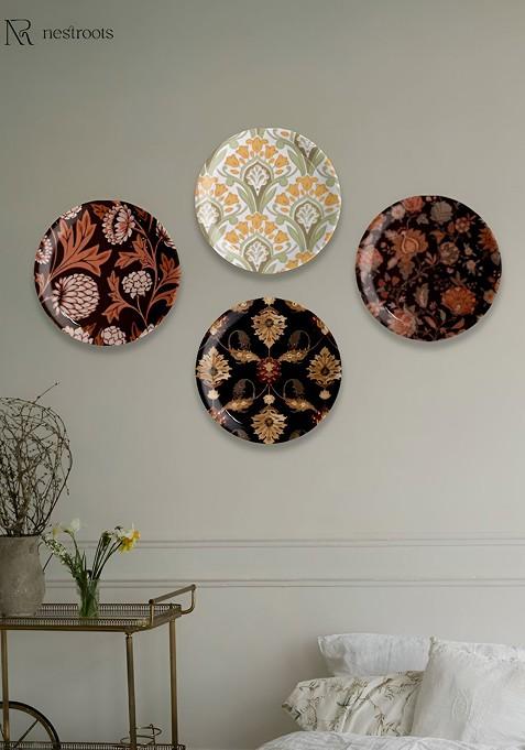 Black And Brown 4 Pieces Floral Printed Wall Plates