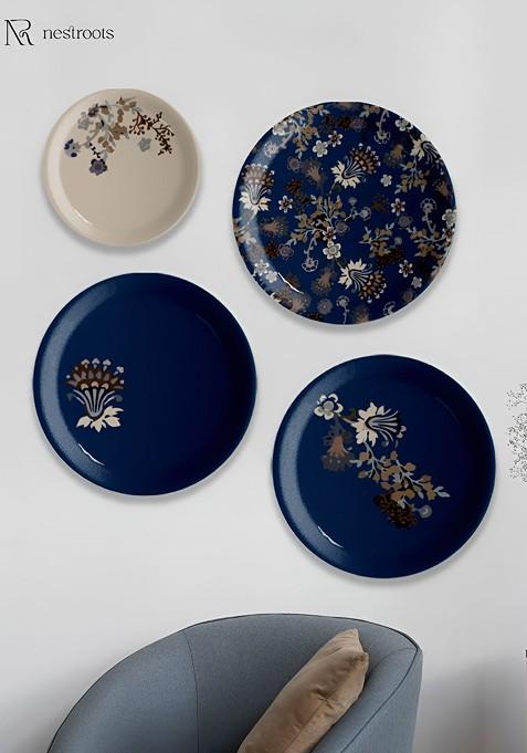 Navy Blue And Cream 4 Pieces Floral Printed Wall Plates