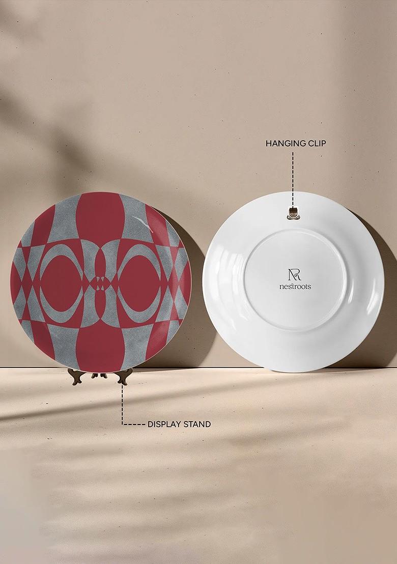 5 Pcs Maroon And Grey Printed Round Shaped Ceramic Wall Decor Plate
