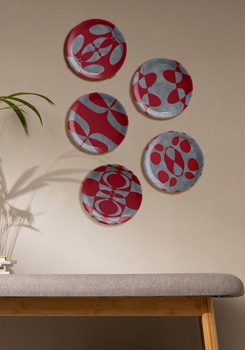 5 Pcs Maroon And Grey Printed Round Shaped Ceramic Wall Decor Plate