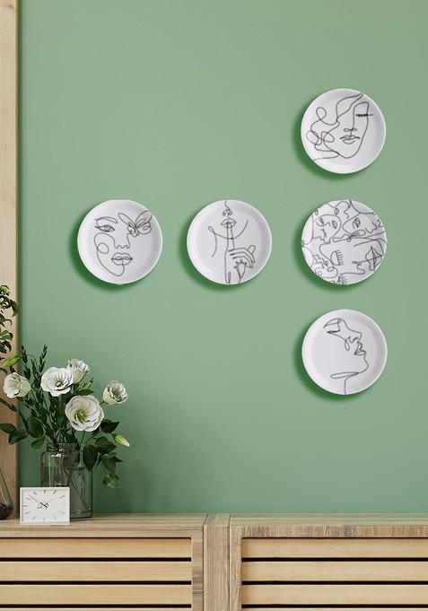Set Of 5 White And Black Printed Ceramic Wall Plate