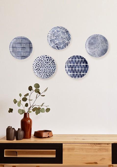 5Pcs White And Blue Printed Wall Decor Plate