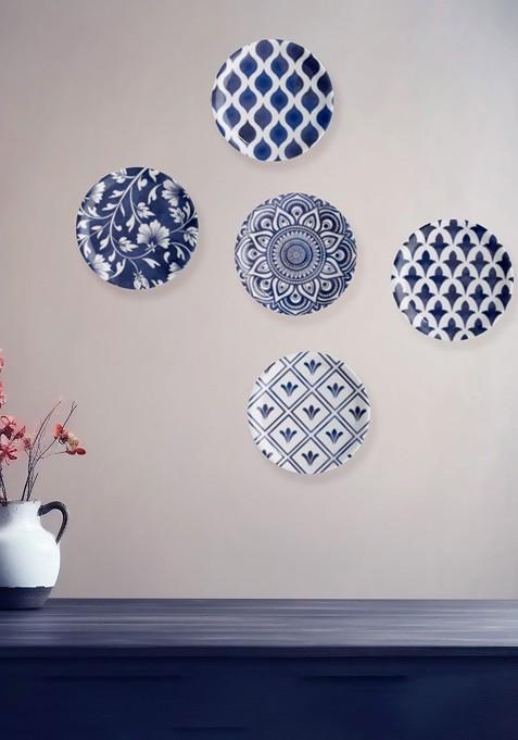 Mosaic White And Blue 5 Pieces Printed Ceramic Hanging Wall Plate Decor
