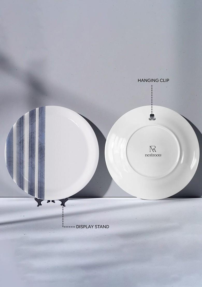 Coastal Calm White And Blue Striped Printed Ceramic Hanging Wall Plate Decor