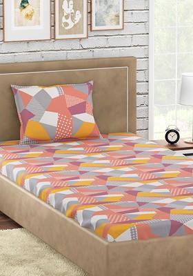 Multicolour300 Tc Single Geometric Cotton Bedsheet With 1 Pillow Cover