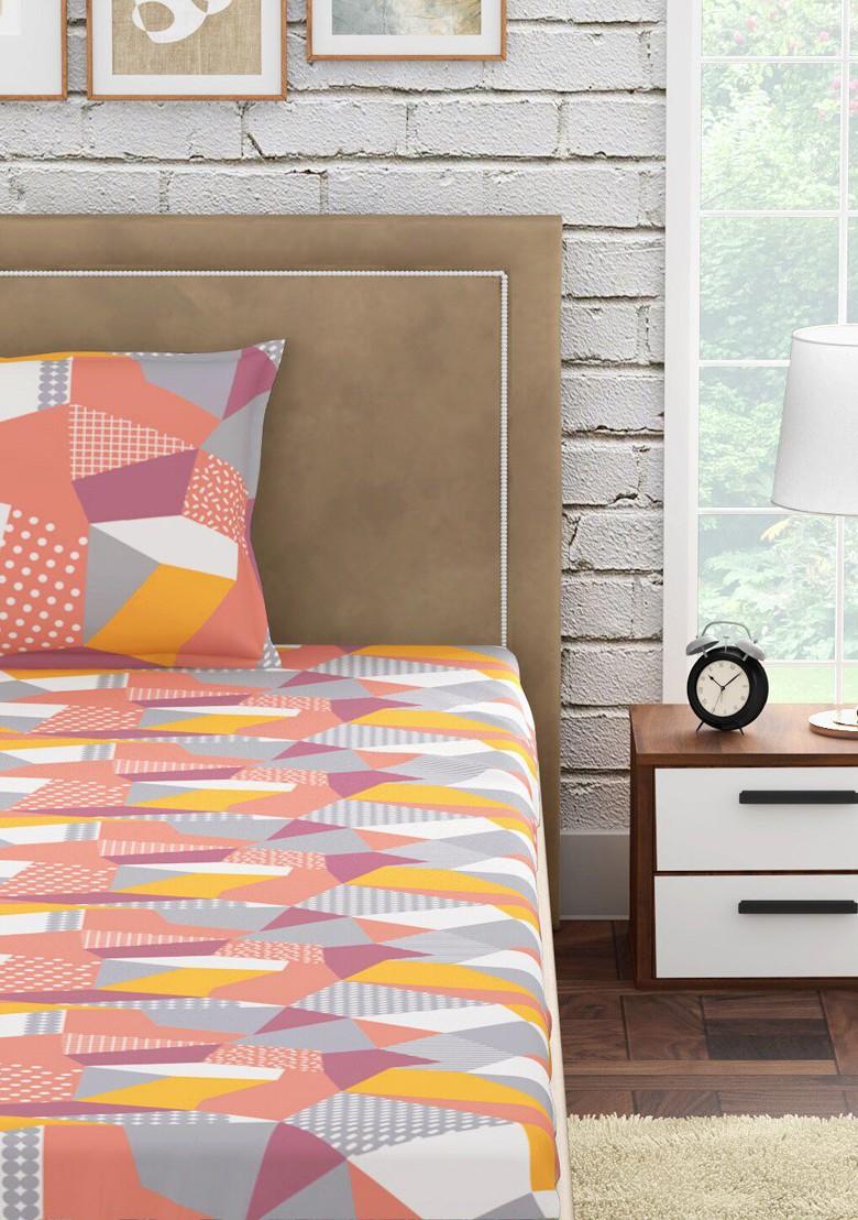 Multicolour300 Tc Single Geometric Cotton Bedsheet With 1 Pillow Cover