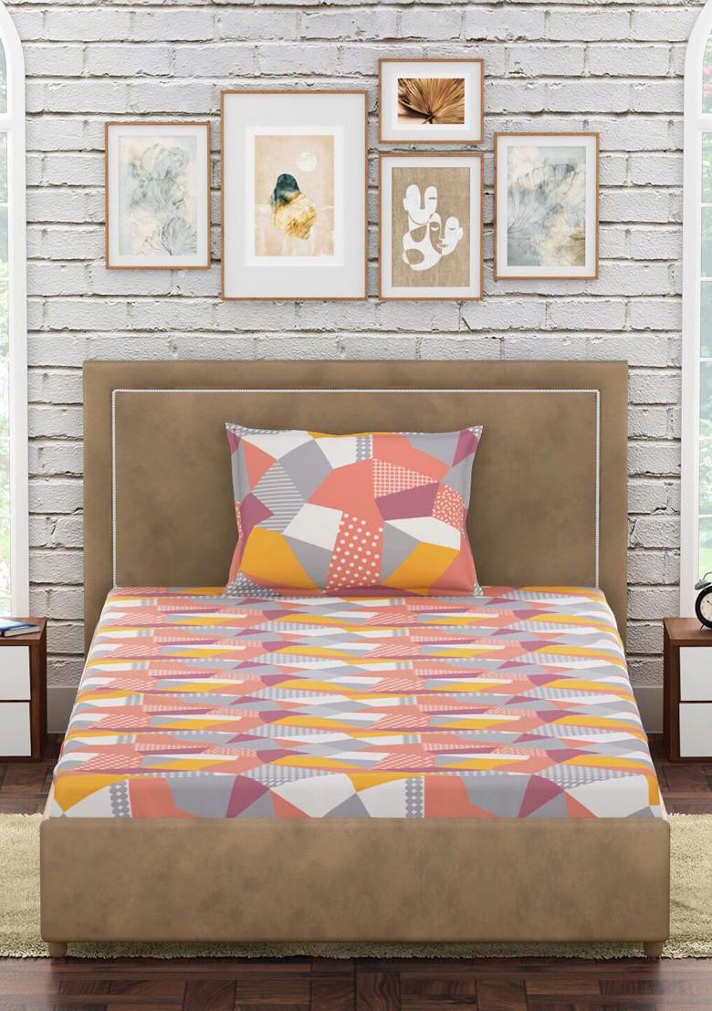 Multicolour300 Tc Single Geometric Cotton Bedsheet With 1 Pillow Cover