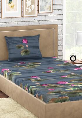 Blue And Pink Floral 300 Tc Cotton Single Bedsheet With 1 Pillow Covers