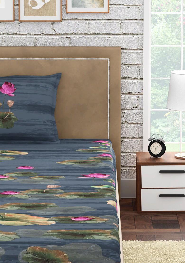 Blue And Pink Floral 300 Tc Cotton Single Bedsheet With 1 Pillow Covers