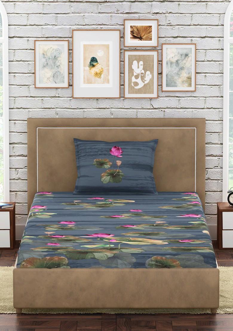 Blue And Pink Floral 300 Tc Cotton Single Bedsheet With 1 Pillow Covers