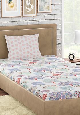White And Blue Floral Printed Cotton 300 Tc Single Bedsheet With 1 Pillow Cover