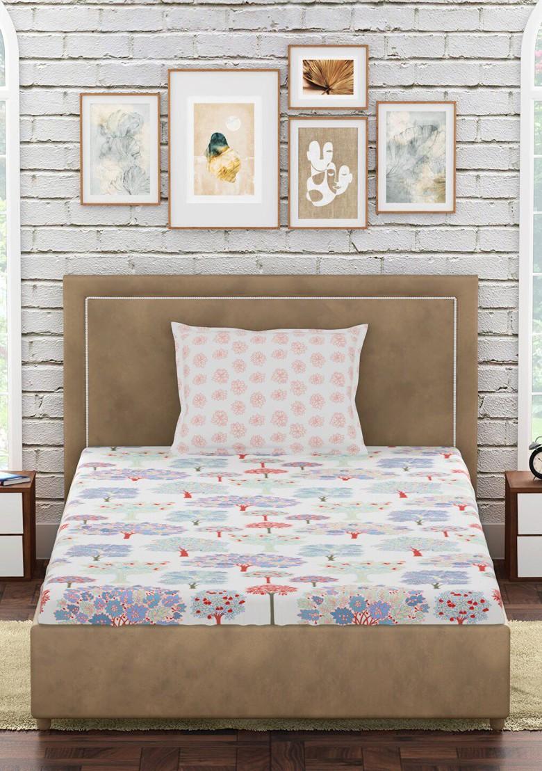 White And Blue Floral Printed Cotton 300 Tc Single Bedsheet With 1 Pillow Cover