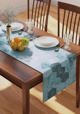 Teal Hexagon Printed Pure Cotton Rectangular Table Runner