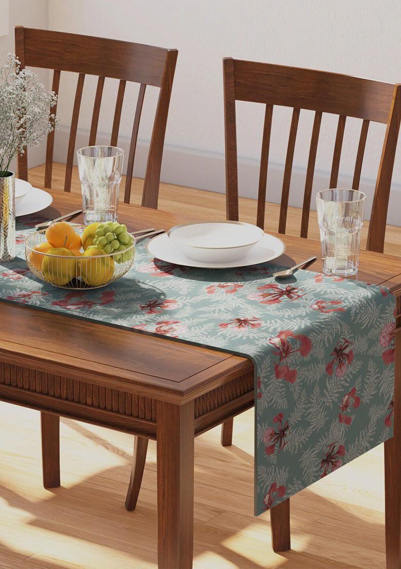 Teal Ponciana Printed Pure Cotton Table Runners