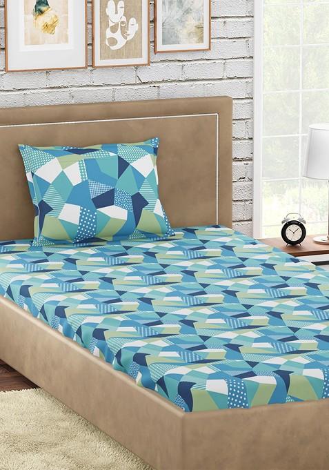 Blue And Green Geometric 300 Tc Cotton Single Bedsheet With 1 Pillow Covers