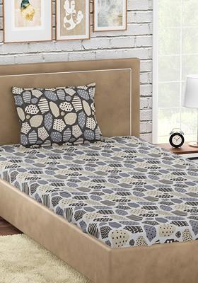 Grey And Off White Geometric 300 Tc Cotton Single Bedsheet With 1 Pillow Covers