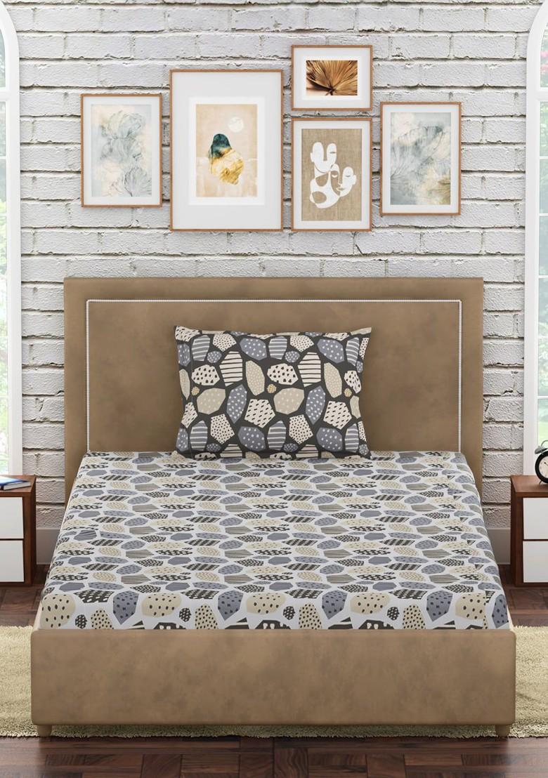 Grey And Off White Geometric 300 Tc Cotton Single Bedsheet With 1 Pillow Covers