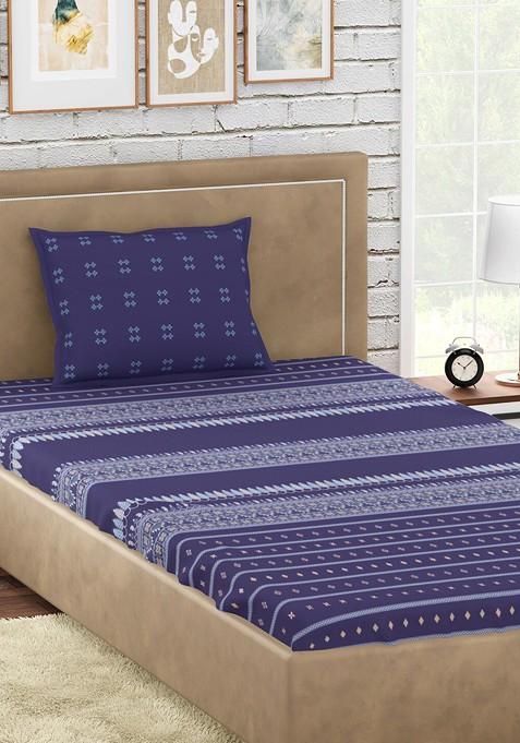 Navy Blue Ethnic Motifs 300 Tc Single Bedsheet With 1 Pillow Covers