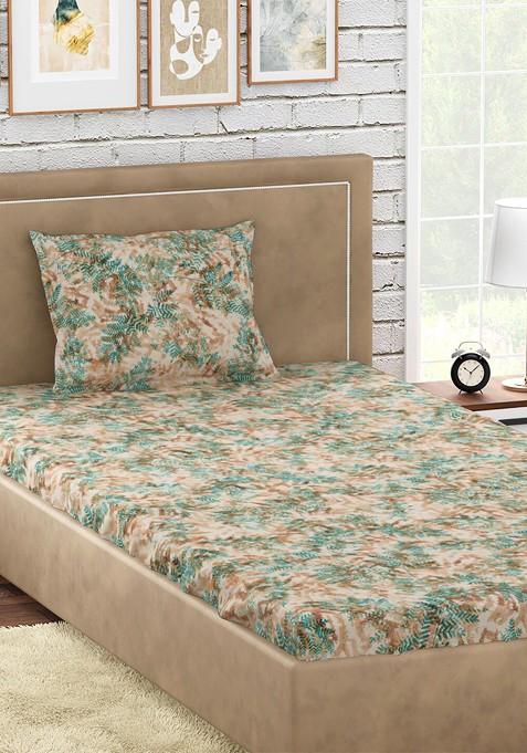 Orange And Green Floral 300 Tc Cotton Fern Single Bedsheet With 1 Pillow Cover