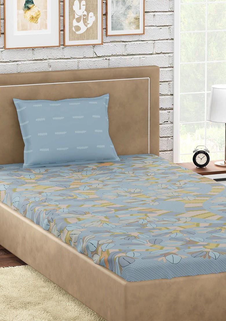 Blue Floral 300 Tc Cotton Single Bedsheet With 1 Pillow Covers