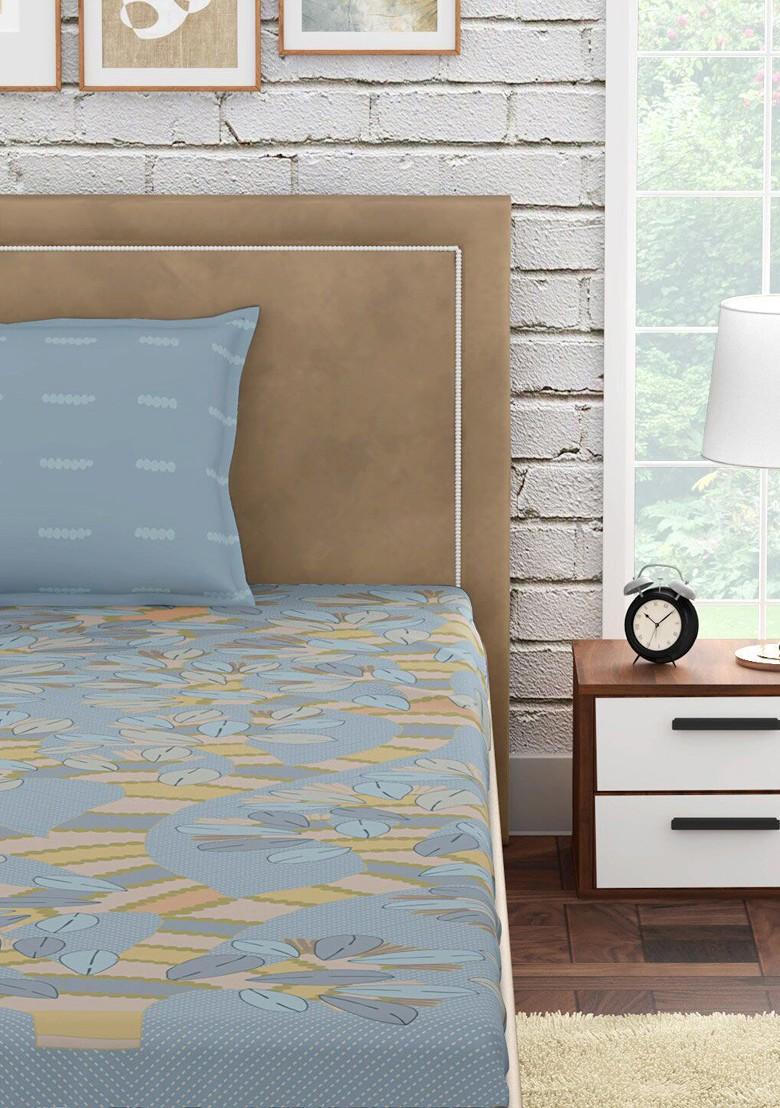 Blue Floral 300 Tc Cotton Single Bedsheet With 1 Pillow Covers
