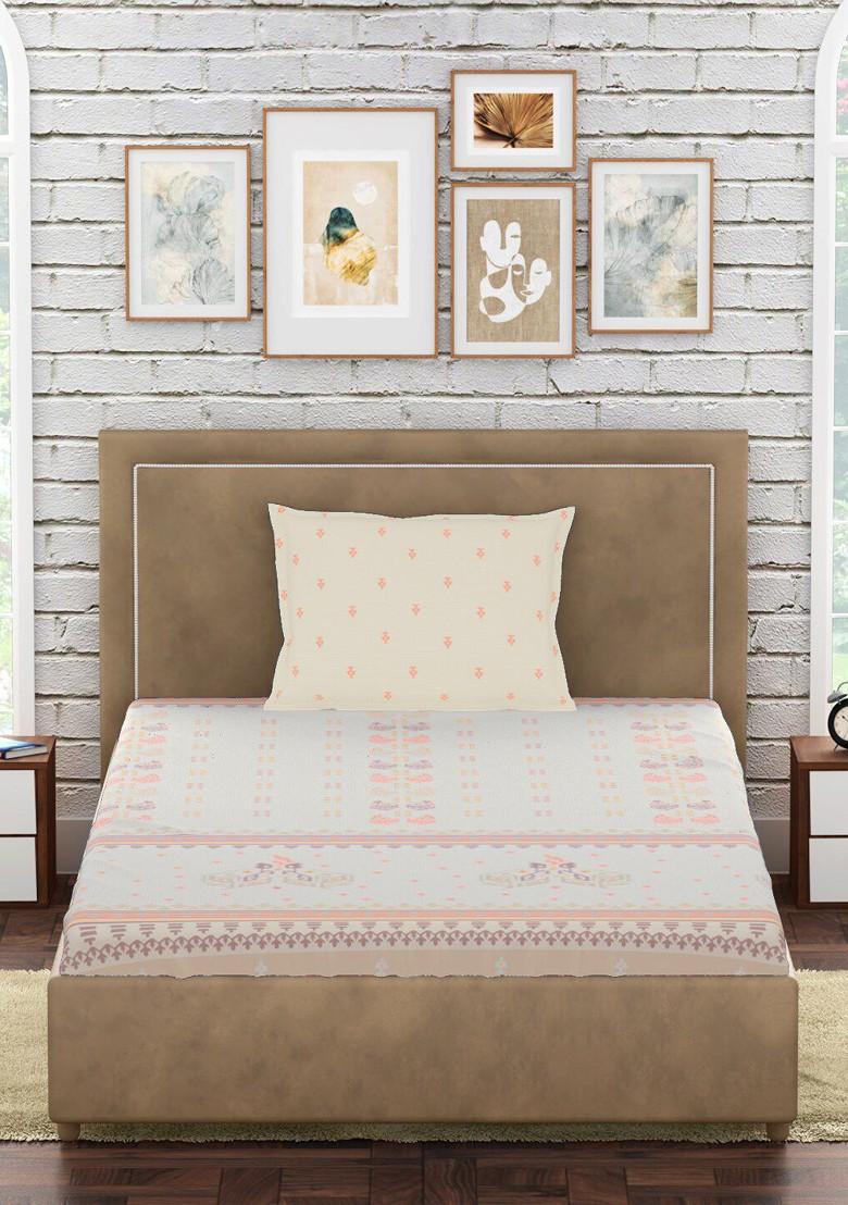 CreamColoured And Pink Printed 300 Tc Cotton Single Bedsheet With 1 Pillow Covers