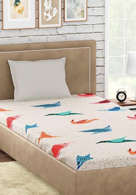 OffWhite And Green 300 Tc Cotton Gondi Single Bedsheet With 1 Pillow Cover