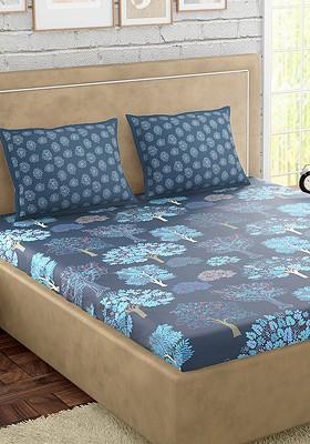 Blue Floral 300 Tc Cotton 1 Queen Bedsheet With 2 Pillow Covers
