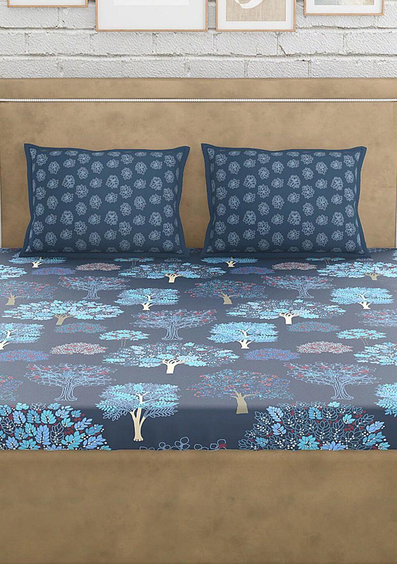 Blue Floral 300 Tc Cotton 1 Queen Bedsheet With 2 Pillow Covers
