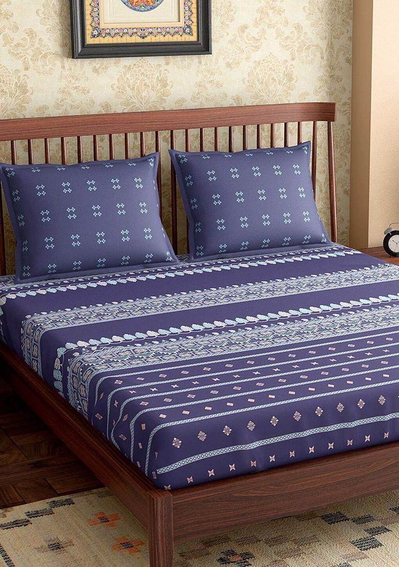 Navy Blue And OffWhite Geometric 300 Tc Cotton 1 Queen Bedsheet With 2 Pillow Covers