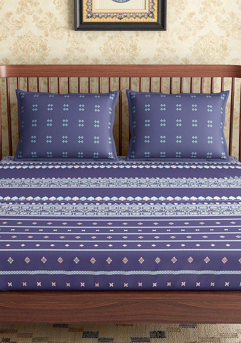 Navy Blue And OffWhite Geometric 300 Tc Cotton 1 Queen Bedsheet With 2 Pillow Covers