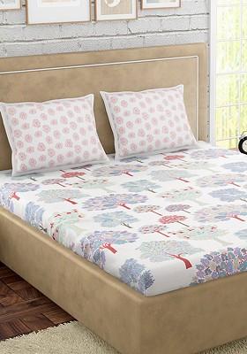 White And Blue Floral 300 Tc Cotton 1 Queen Bedsheet With 2 Pillow Covers