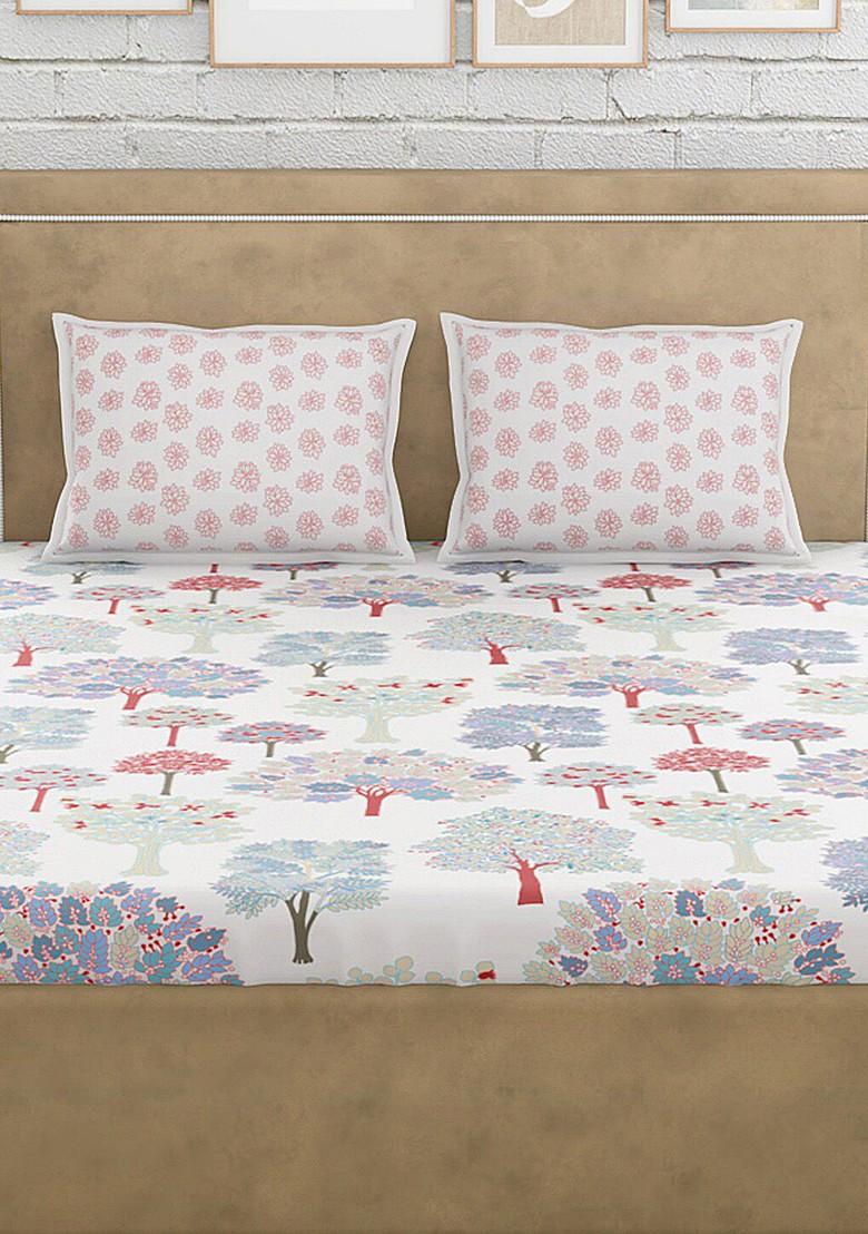 White And Blue Floral 300 Tc Cotton 1 Queen Bedsheet With 2 Pillow Covers