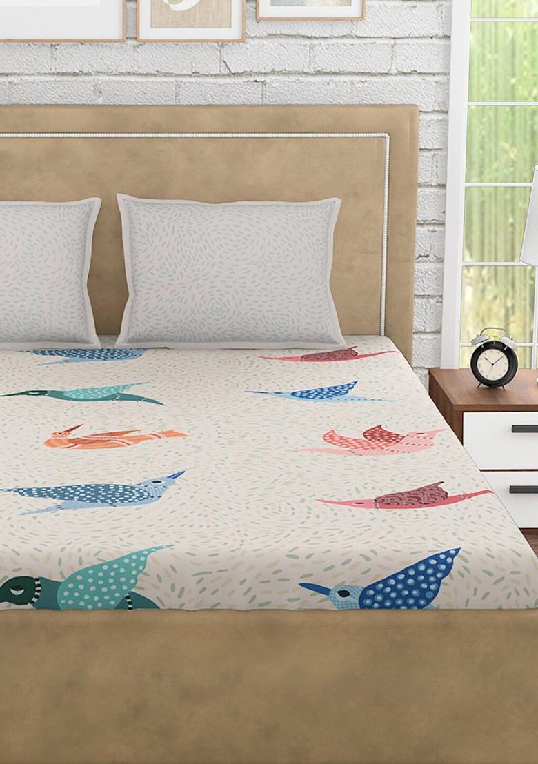 White Abstract 300 Tc Cotton 1 Queen Bedsheet With 2 Pillow Covers