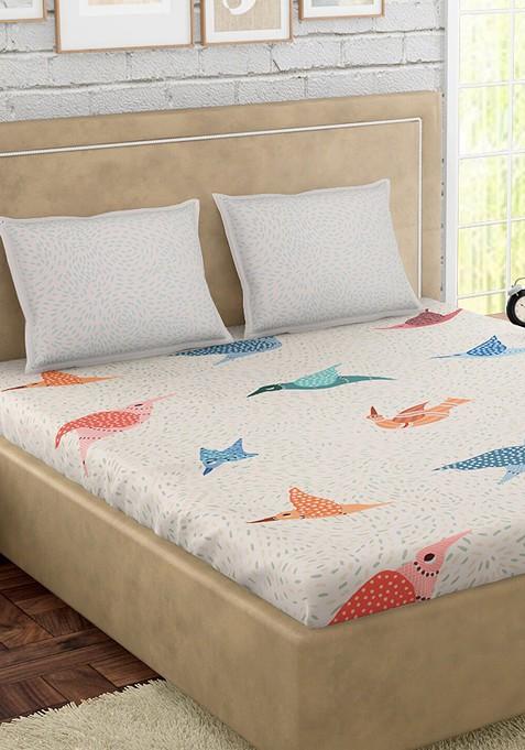 White Abstract 300 Tc Cotton 1 Queen Bedsheet With 2 Pillow Covers